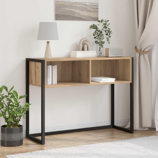 End Table Bijzettafel, industriële stijl met stalen poten en houten plaat, 100 x 36 x 75 cm, voor woonkamer en binnenruimtes