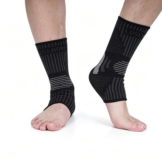 Enkelbandage set van 2 voor mannen en vrouwen, ideaal bij plantaire fasciitis, achillespeesblessures en sportactiviteiten, zwart (L)