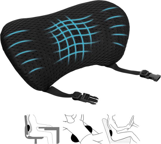 Ergonomisch Lumbale Kussen met Verstelbare Band, Geheugenfoam Steun voor Rugpijn, Ideaal voor Kantoorstoel en Auto, Zwart