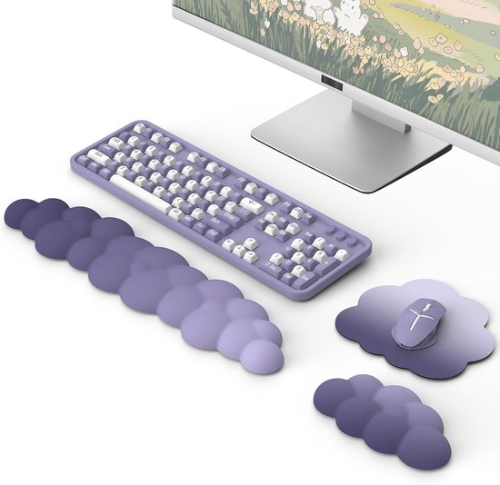 Ergonomische Cloud Polssteun voor Toetsenbord en Muis, Duurzaam Polyester, Ideaal voor Kantoor, Gaming en Computergebruik, Paars