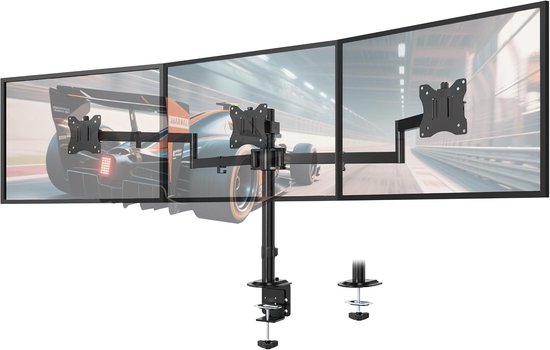 Ergonomische Monitorsteun voor 3 Schermen van 13-27 Inch, VESA 75/100, Verstelbare Hoogte, Geschikt voor Thuiswerk en Gaming, Robuuste Klemhouder met 10 kg Draagvermogen per Scherm