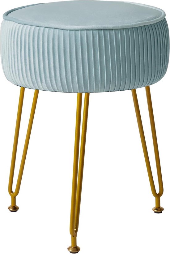 Fluwelen ronde voetenbankje make-up salontafel dressing tafel - blauw fluweel met goudkleurige stalen poten van Lifa Living