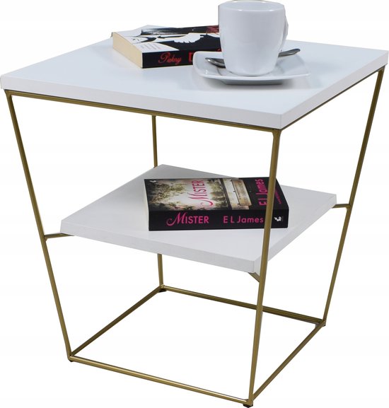 FutuStal Serie V - Druciany Salontafel - Goud - Bovenblad Wit Glanzend - Inclusief Plank van Merkloos