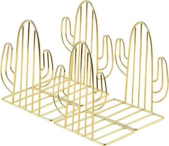 Geometrische Decoratieve Cactus Boekhouder - Stevige Boeksteunen voor Kantoor, School en Thuis, Goudkleurig (Set van 2)