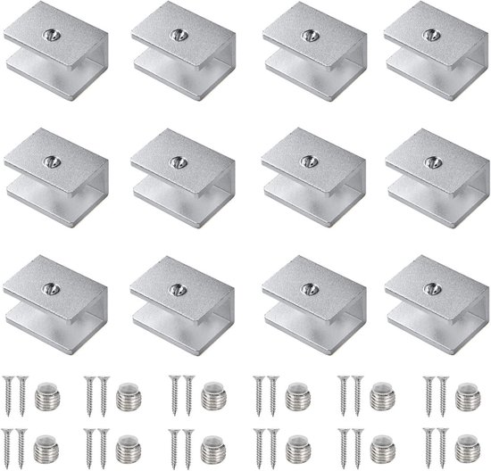 Glasclips voor 8-10 mm Dikke Glazen Platen, 12 Stuks, Verstelbare Aluminium Steunen voor Stabiele Planken en Vloeren, Inclusief Schroeven