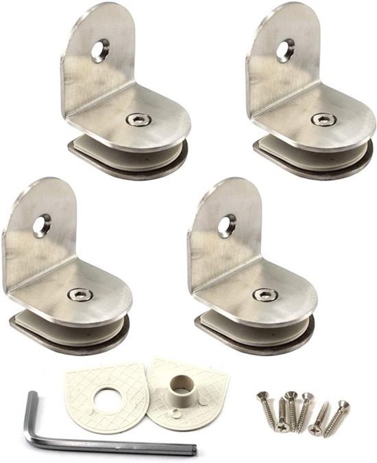 Glasplaatsteun voor Wandmontage - RVS - Geschikt voor 8-12mm Glas - Set van 4 Clips