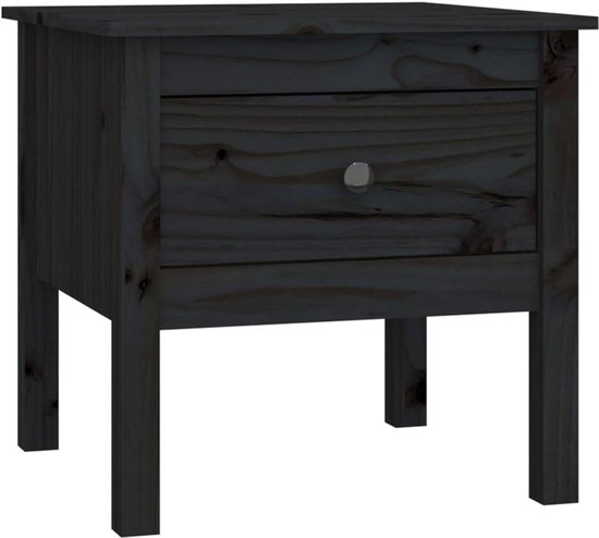 Grenenhouten bijzettafel met lade, kleine salontafel 50 x 50 x 49 cm, zwart, voor woonkamer en slaapkamer
