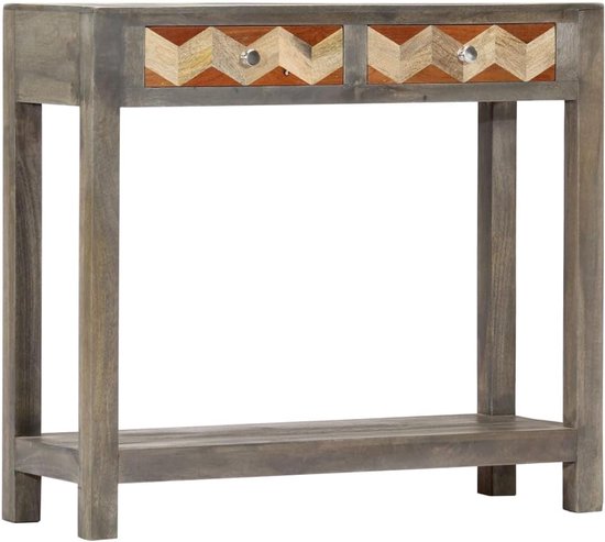 Grijs 86 x 30 x 76 cm massief hout mango met 1 plank en 2 laden, haltafel in vintage design met ruitpatroon, praktische bijzettafel voor uw interieur