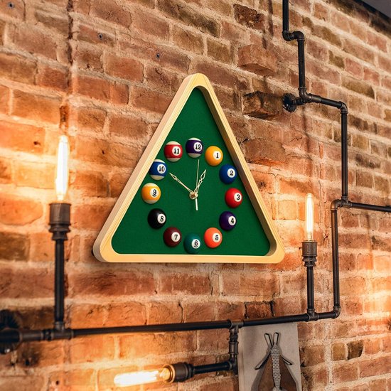 Grote Wandklok met Poolbiljart Ballen - Houten Frame - 35,5 cm - Decoratie voor Speelkamer