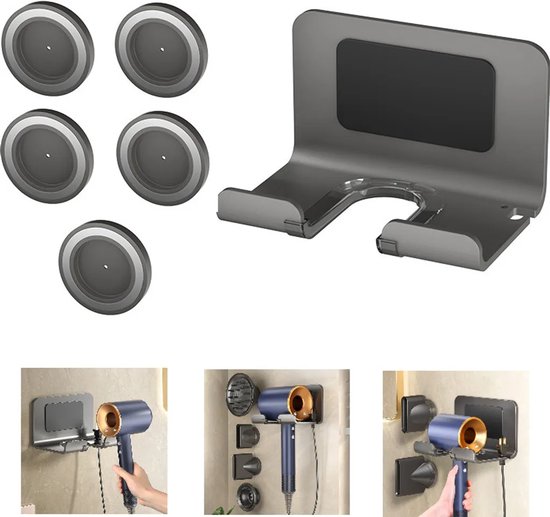 Haardrogerstandaard, haardrogerstandaard Geschikt voor Dyson haardrogers, wandgemonteerde haardrogerstandaard met 5 magnetische mondstukhouders, grijs.