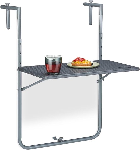 Hangtafel balkon, inklapbaar, BxD: 59,5 x 60 cm, 3-voudig in de hoogte verstelbaar, met 2 bekerhouders, grijs