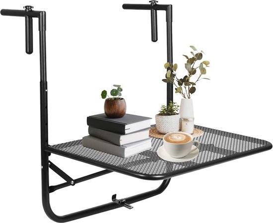 Hangtafel voor balkonleuningen, metaal, stabiele driehoekige structuur, 4-traps verstelbare balkontafel, inklapbare plank, hangtafel, opvouwbare armleuning, tafel, geschikt voor tuin, balkon, terras