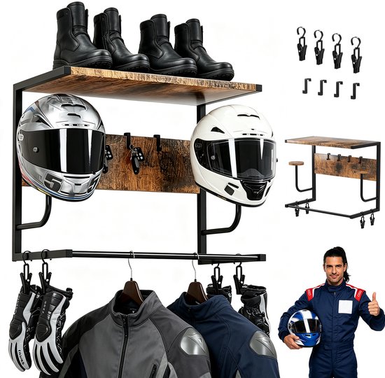 Helmhouder - Dubbele Helmhouder Wandmontage - IJzer & Retro Hout Zwevend - 36kg Draagvermogen - Incl. 4 Haken & 4 Clips - Ophangstang voor Jassen - Voor Hal, Garage & Berging