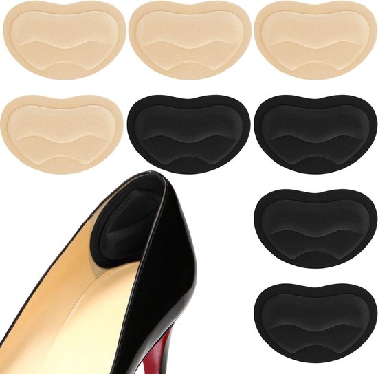 Hielkussentjes voor Dames en Heren - Traagschuim Schoeninzetstukken met Dikke Voetboogondersteuning, Anti-Slip Hielgrepen voor Sneakers, Hakken en Nette Schoenen - 4 Paar in Zwart en Huidkleur