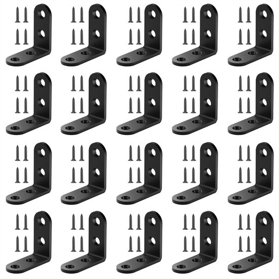 Hoekbeugel van roestvrij staal, 40 x 40 mm, hoekconnector, 90 graden, L-vorm met schroeven voor het bevestigen van houten meubels, 20 stuks, zwart