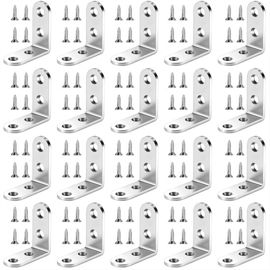Hoekbeugel van roestvrij staal, 50 x 50 mm, hoekconnector, 90 graden, L-vorm met schroeven voor het bevestigen van houten meubels, 20 stuks, zilver
