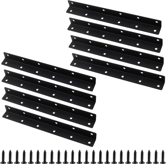 Hoekbeugels voor hout in roestvrij staal, L-vormige metalen hoekbeugels, 27.5 x 2.8 x 2.8 cm, zwart, inclusief schroeven, set van 8 stuks voor stevige bevestiging