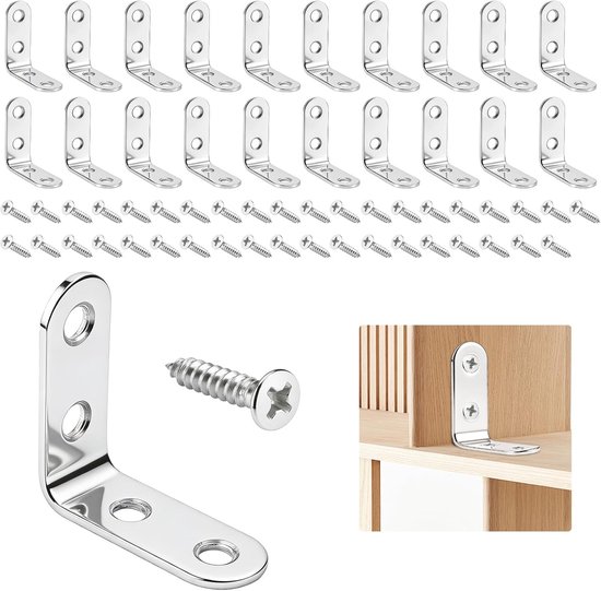 Hoekbeugels voor hout, roestvrij staal, metalen hoekbeugels voor hout, anti-tip 90 graden beugel met 80 schroeven, 4 x 4 x 1,6 cm L-vormige beugels voor hout, meubels, planken en doe-het-zelfprojecten