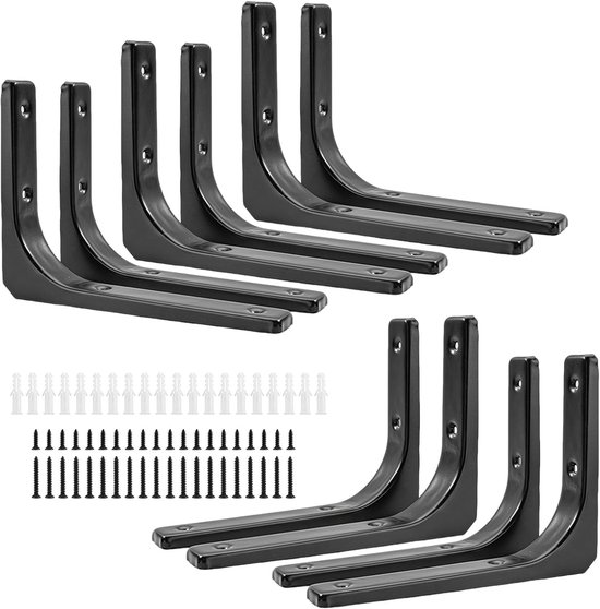 Hoekige Plankhouders, 8 Stuks, 250 x 300 mm, Zwart, Metalen Hoeksteunen voor Planken, Muurbevestiging, DIY Projecten, Stevige Plankondersteuning en Montageaccessoires