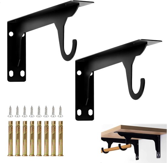 Hoekplank met Haakjes, Wandplank Steun voor Hoek, Metalen Plankdrager 28 cm, Sterke Draagcapaciteit tot 75 kg, Set van 2 voor Thuis en Kantoor