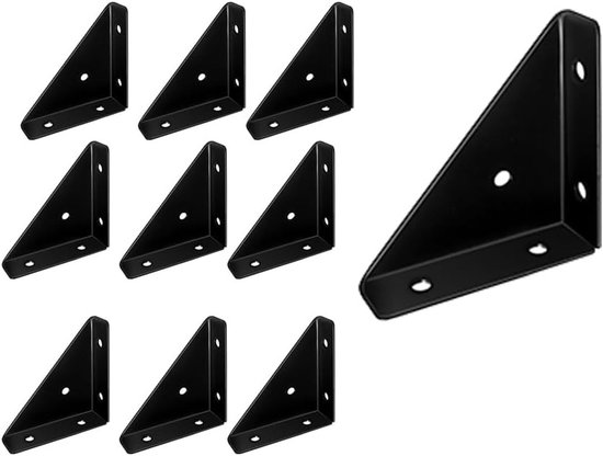 Hoeksteunen 90 graden, zware kwaliteit 65mm x 65mm x 17mm voor bedconstructies, kastplanken en meubels, set van 10, zwart