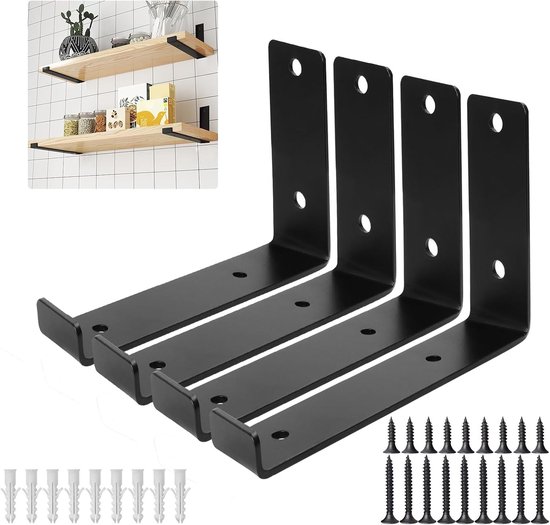Hoeksteunen voor Wandplanken, 20 cm, 4 Stuks, Zwart, L-vorm, Stevige Hoekbevestiging, Industrieel Ontwerp, Perfect voor Planken en Decoratie