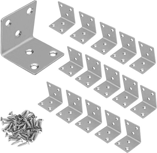Hoekverbinders, roestvrij staal, 16 stuks, metaal, hoekverbindingen voor versterking en reparatie van houten meubels (40 x 40 x 40 mm, dikte 2 mm)