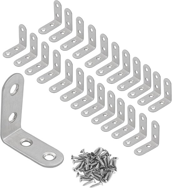 Hoekverbinders, roestvrij staal, 24 stuks, metaal, hoekverbindingen voor versterking en reparatie van houten meubels (40 x 40 x 16 mm, dikte 2,0 mm)