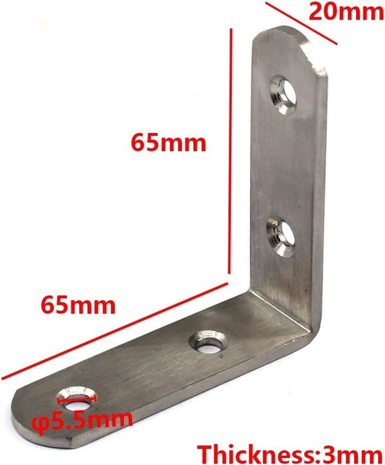 Hoekverbindingen van RVS - 6 Stuks L-vormige Hoekbeugels 65x65x3mm met Schroeven, Sterke en Duurzame Beugels voor Bouwprojecten