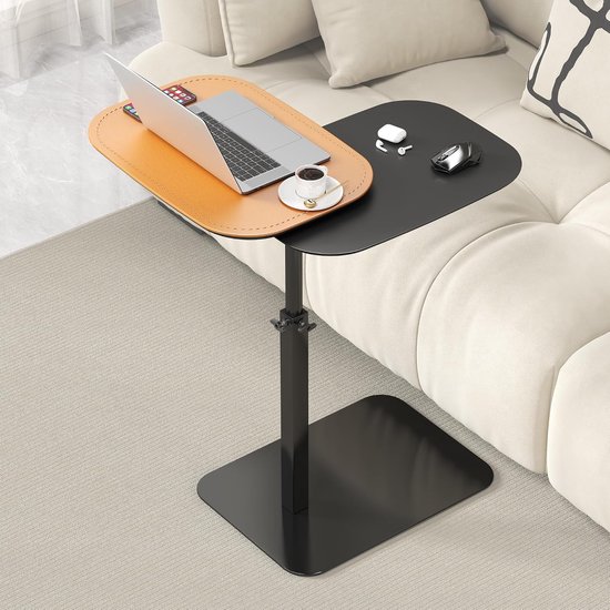 hoogte verstelbare C-vormige bijzettafel - Kleine houten salontafel - Dubbel tafelblad voor laptop - 360° draaibare bijzettafel - Bijzettafel voor bank