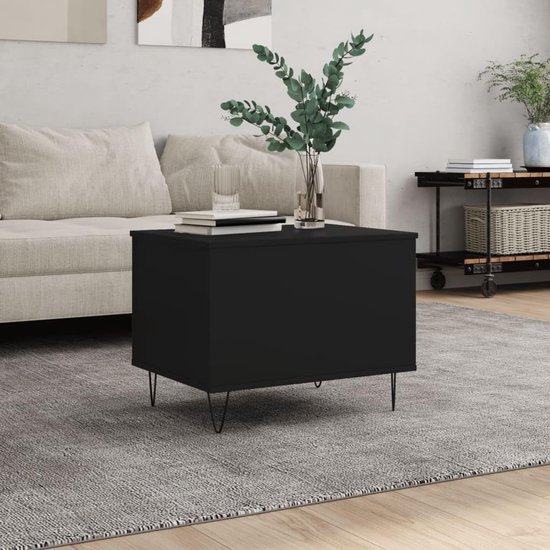 Hoogte verstelbare salontafel zwart 60 x 44,5 x 45 cm van hout met metalen poten en verborgen opbergvak - duurzame bijzettafel met glad oppervlak