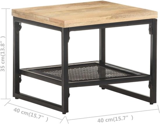 Houten bijzettafel met 1 plank en rustieke metalen poten - 40 x 40 x 35 cm mango houten tafel voor woonkamer of eetkamer