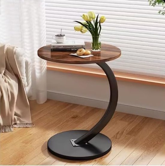 Houten bijzettafel met C-vormige steun, bijzettafel voor woonkamer, kantoor, ronde salontafel, walnoot, tafelblad diameter 40 cm, hoogte 60 cm