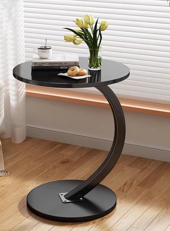 Houten bijzettafel met C-vormige steun, bijzettafel voor woonkamer, kantoor, ronde salontafel, walnoot, tafelblad diameter 40cm, hoogte 60cm, zwart