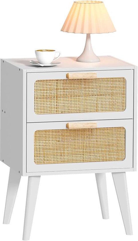 Houten nachtkastje, houten bijzettafel met 2 handgemaakte schuifladen, boho nachtkastje, bijzettafeltje met opslag, voor woonkamer, slaapkamer, wit DECTG59W