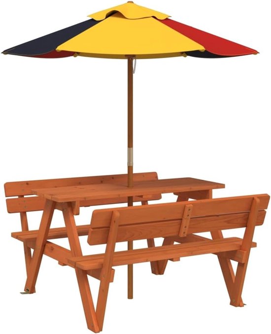 Houten picknicktafel sparren voor 4 kinderen met parasol, 2-in-1 tafel & bank voor terras tuin, stabiele W-vorm, duurzaam polyester parasol, max. 80 kg