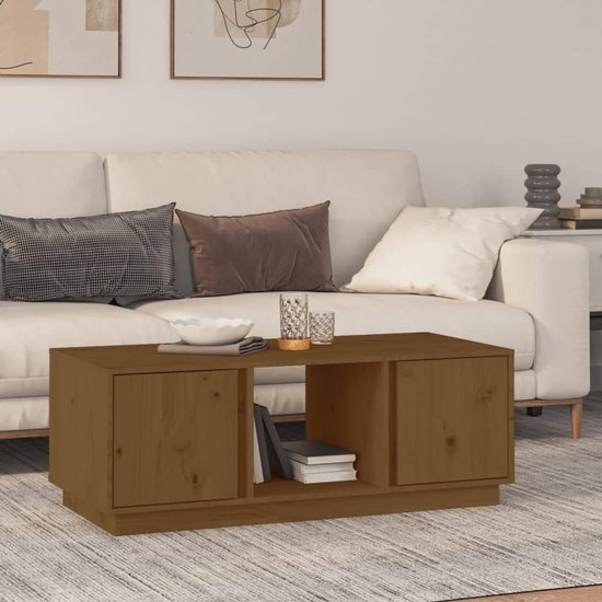 Houten salontafel honingbruin 110x50x40 cm grenen met 3 vakken en 2 deuren opbergruimte woonkamer bijzettafel rustieke look grenenhout stabiel robuust tafelblad