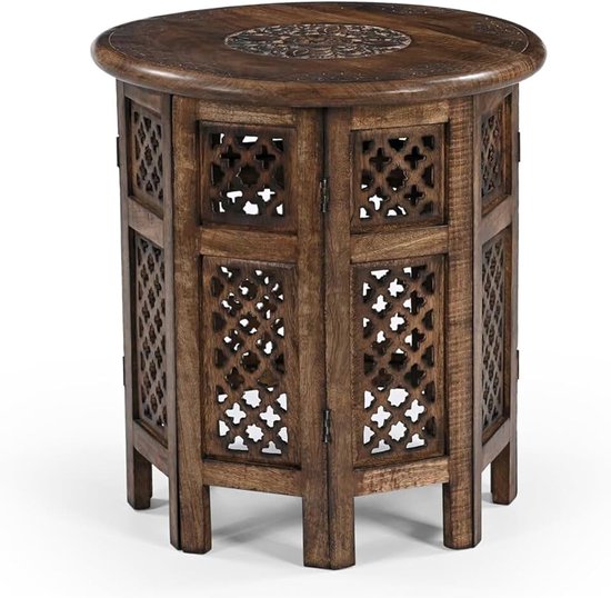 IAnanas Handgesneden ronde bijzettafel met oosters mangohout, rustieke vintage look, ideaal als decoratie, nachtkastje, woonkamer, stabiel en duurzaam, artistiek snijpatroon, 45 x 45 x 45 cm