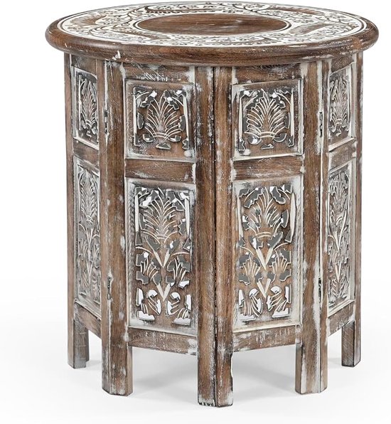 IAnanas Handgesneden ronde bijzettafel met oosterse mangohout rustieke vintage look ideaal als decoratie nachtkastje woonkamer stabiel & duurzaam artistiek snijpatroon 45 x 45 x 45 cm