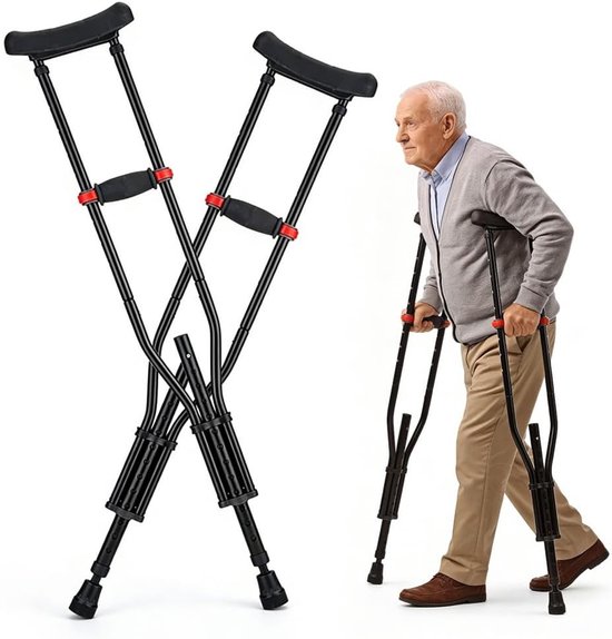 In hoogte verstelbare onderarmsteunen voor optimale ondersteuning, inklapbare okselkruk, 150 kg belastbaar, aluminium loophulp met comfortabele handsteunen, 1 paar