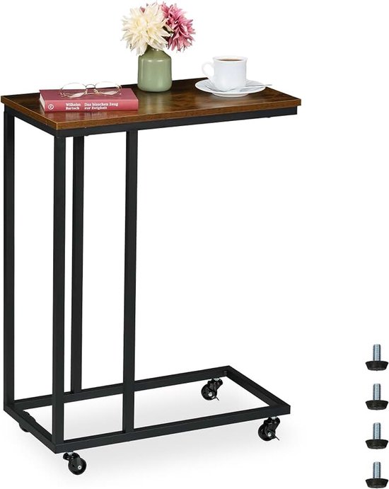 Industrieel bijzettafeltje onder bank, U-vorm, HBD: 79x60x30 cm, wielen, metaal, bruin-zwart