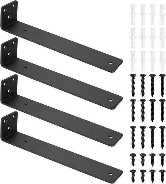 Industriële L-vormige muurbeugels voor zwevende hoekshelves - 4 stuks, 200 mm, zwart, stevig en duurzaam van Merkloos