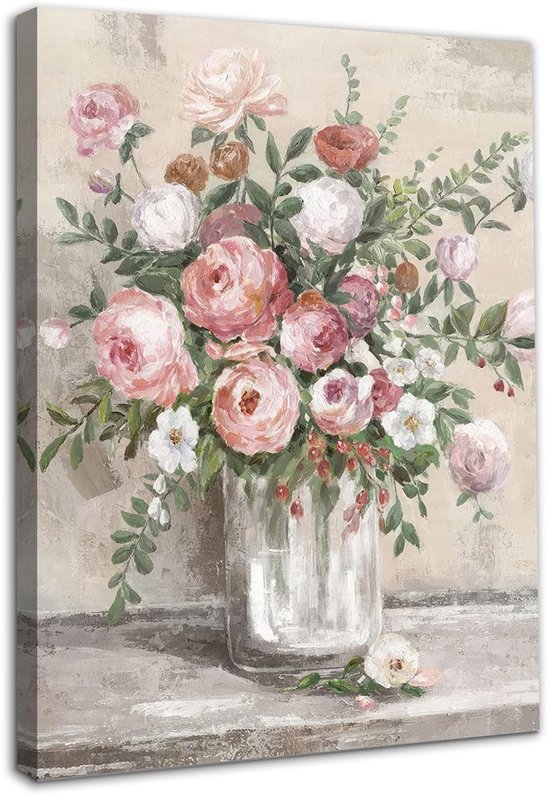 Ingelijste Vintage Bloem Kunst Aan de Muur Decor Boerderij Stilleven Poster, Rustieke Roze Witte Bloemenvaas Drukt Botanische Olieverfschilderij Badkamer Slaapkamer Woonkamer 12x16 Duim