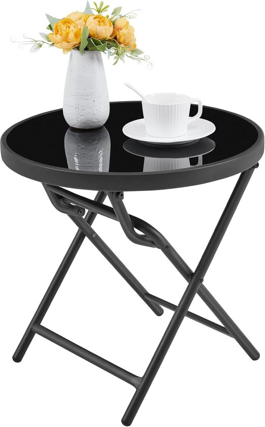 Inklapbare ronde bijzettafel, diameter 46 cm, van glas en metaal, tuintafel, koffietafel, balkontafel, weerbestendig, onderhoudsvriendelijk, voor balkon, tuin, terras