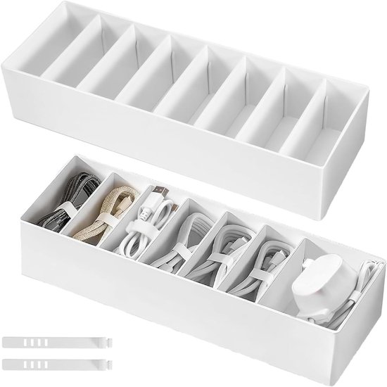 Kabelopbergdoos voor het organiseren van oplaadkabels, met verstelbare vakken en kabelbinders, ideaal voor het opbergen van kabels en accessoires