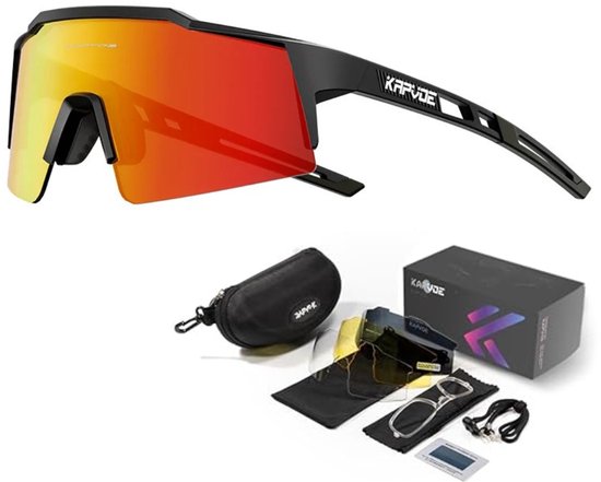 KAPVOE Sport Zonnebril - COMPLETE SET - 4 GLAZEN - Fietsbril - Sportbril - Mountainbike - Wielren - Ski - Wintersport - Polariserend - UV 400 - Nachtbril - Frame voor Zonnebril op Sterkte - Hoesje -Brillenkoker - Dames Heren - Zwart Rood van Kapvoe