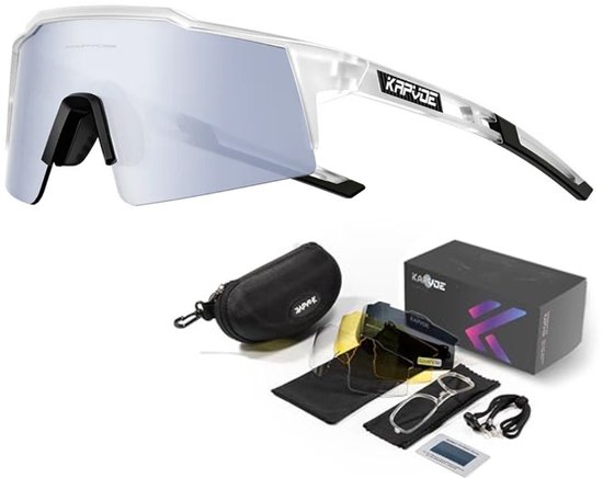 KAPVOE Sport Zonnebril - COMPLETE SET - 4 GLAZEN - Fietsbril - Sportbril - Mountainbike - Wielren - Ski - Wintersport - Polariserend - UV 400 - Nachtbril - Hoesje -Brillenkoker - Wit Transparant - apres ski van Kapvoe