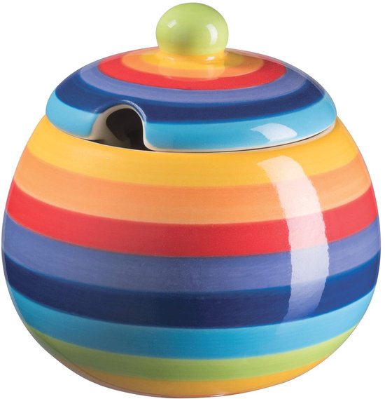 keramische suikerpot met deksel, regenboogstrepen, 250 ml, magnetronbestendig