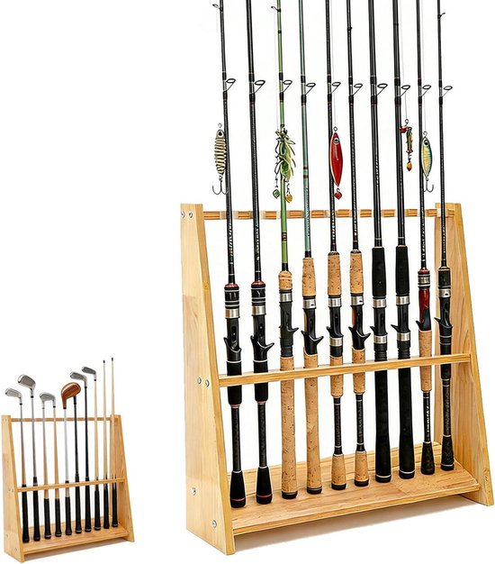 Keu en hengel houder - Houten standaard - Opbergen sportartikelen - Massief hout ontwerp - 10 stuks capaciteit - Houtkleur
