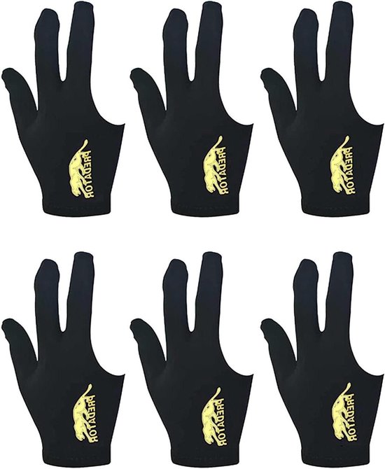 Keu-handschoenen voor biljart en snooker, set van 6 stuks, zwart, uniseks, rekbaar. Beschermt 3 vingers, 8 x 19 cm. van Merkloos